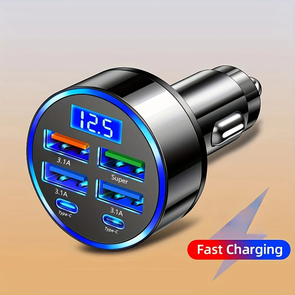 6-in-1 Fast Charging Car Adapter – Dual USB-C Digital Display 3.1A