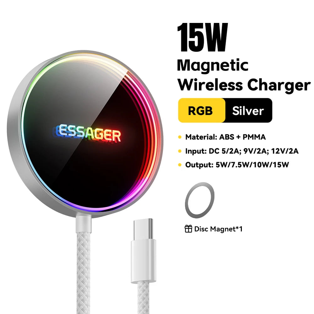 ESSAGER 15W Magnetic Wireless Charger Pad – Qi2 Fast Charging for iPhone 14–17