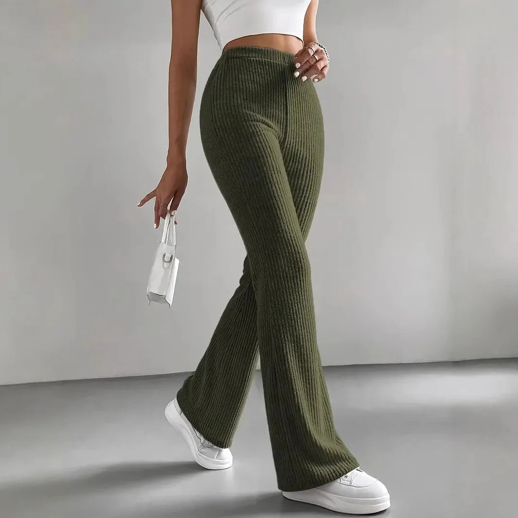 Elegant Solid Flare Pants Women Autumn Winter New Elastic Waist Knitted Skinny Casual Streetwear Basic Trousers Female