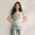 Women's Tie Dye Lace Pleated Top – French Style Swing Collar Blouse