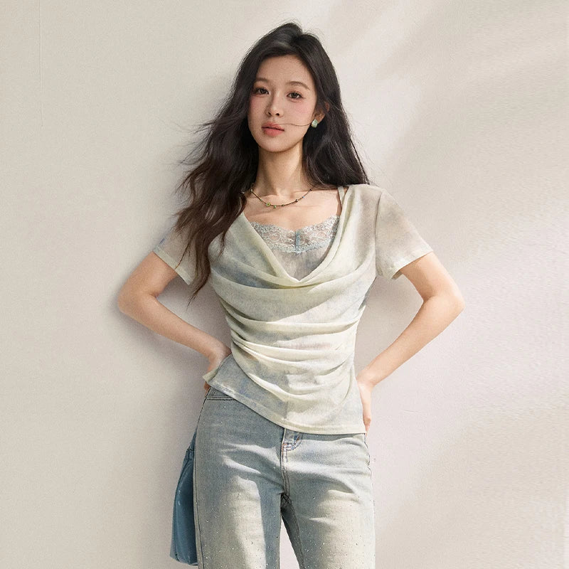 Women's Tie Dye Lace Pleated Top – French Style Swing Collar Blouse