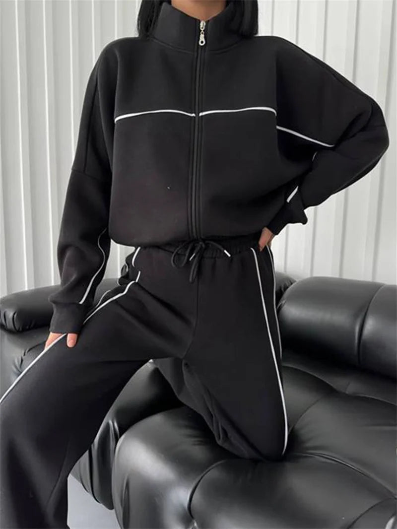 Women's Striped 2-Piece Tracksuit – Zip Jacket & Straight Trousers Set