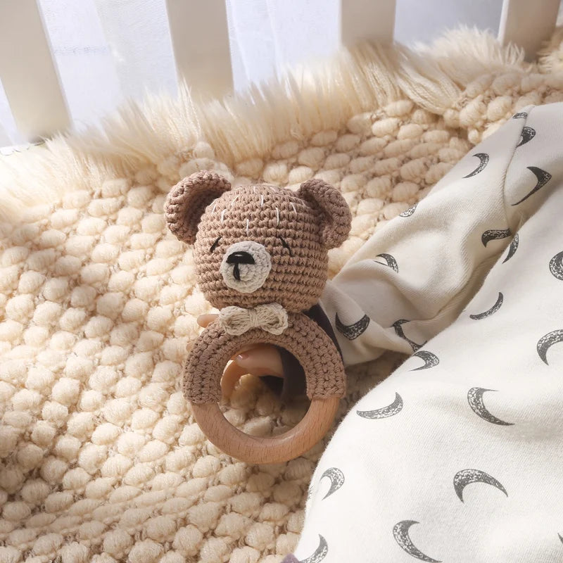 Wooden Teether Rattle - Soothing Music Ring with Rabbit Design for Babies - Pretty & Polished