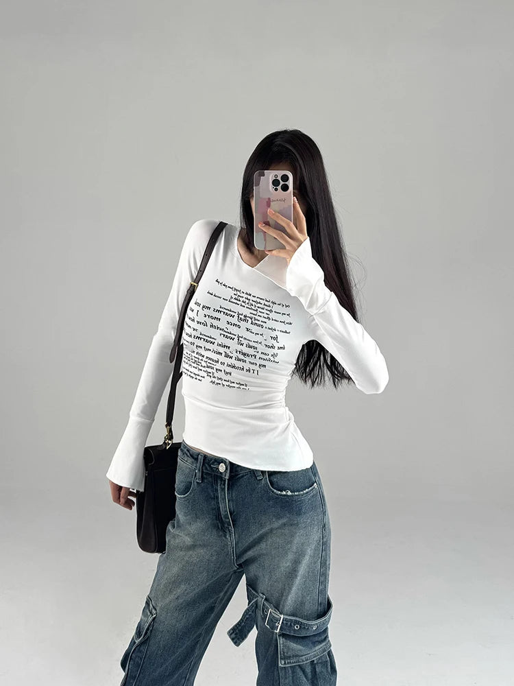 Y2K women's round neck slim fit top, street style printed letter slit flared sleeve T-shirt top