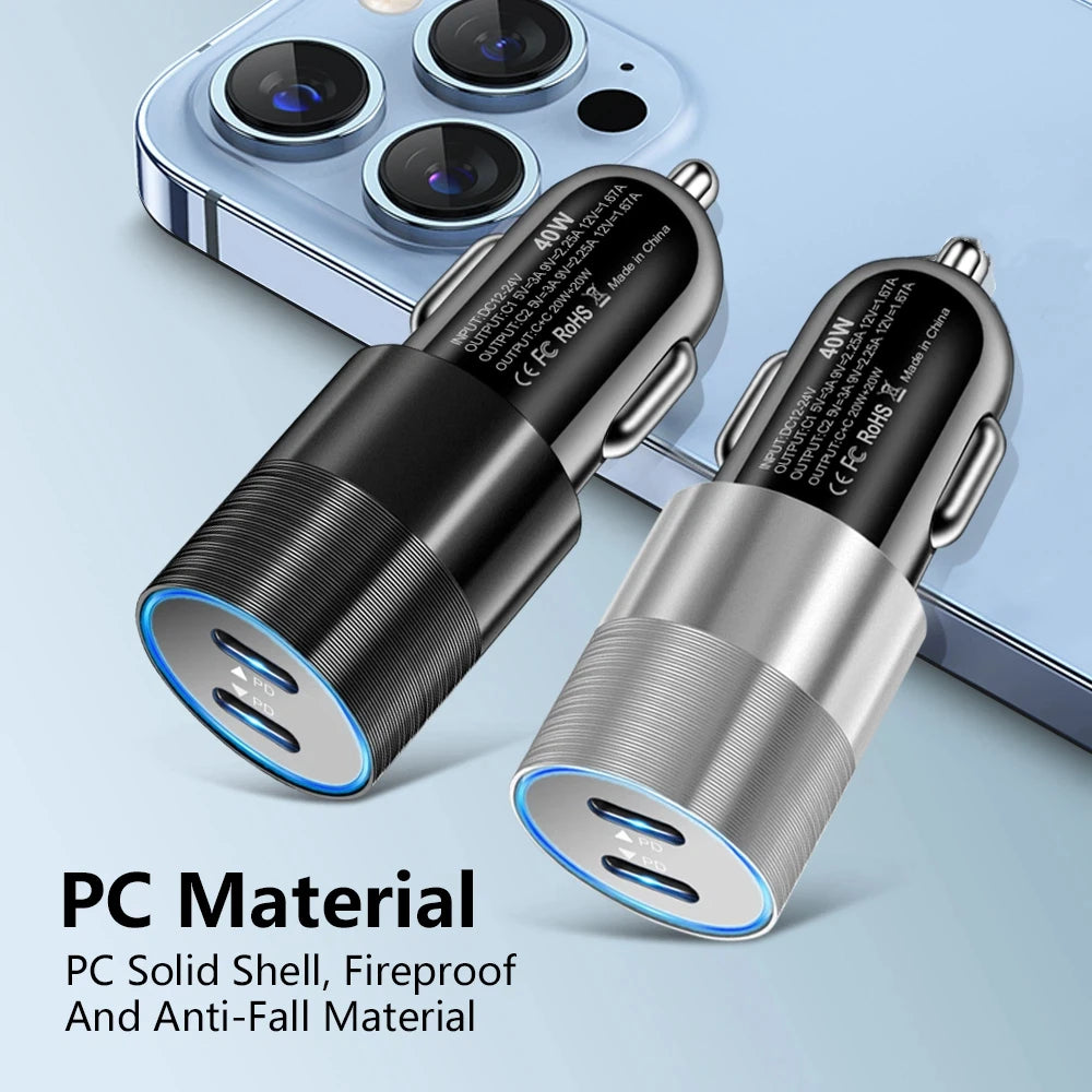 40W Dual PD USB-C Car Charger – Fast Charging for iPhone & Android