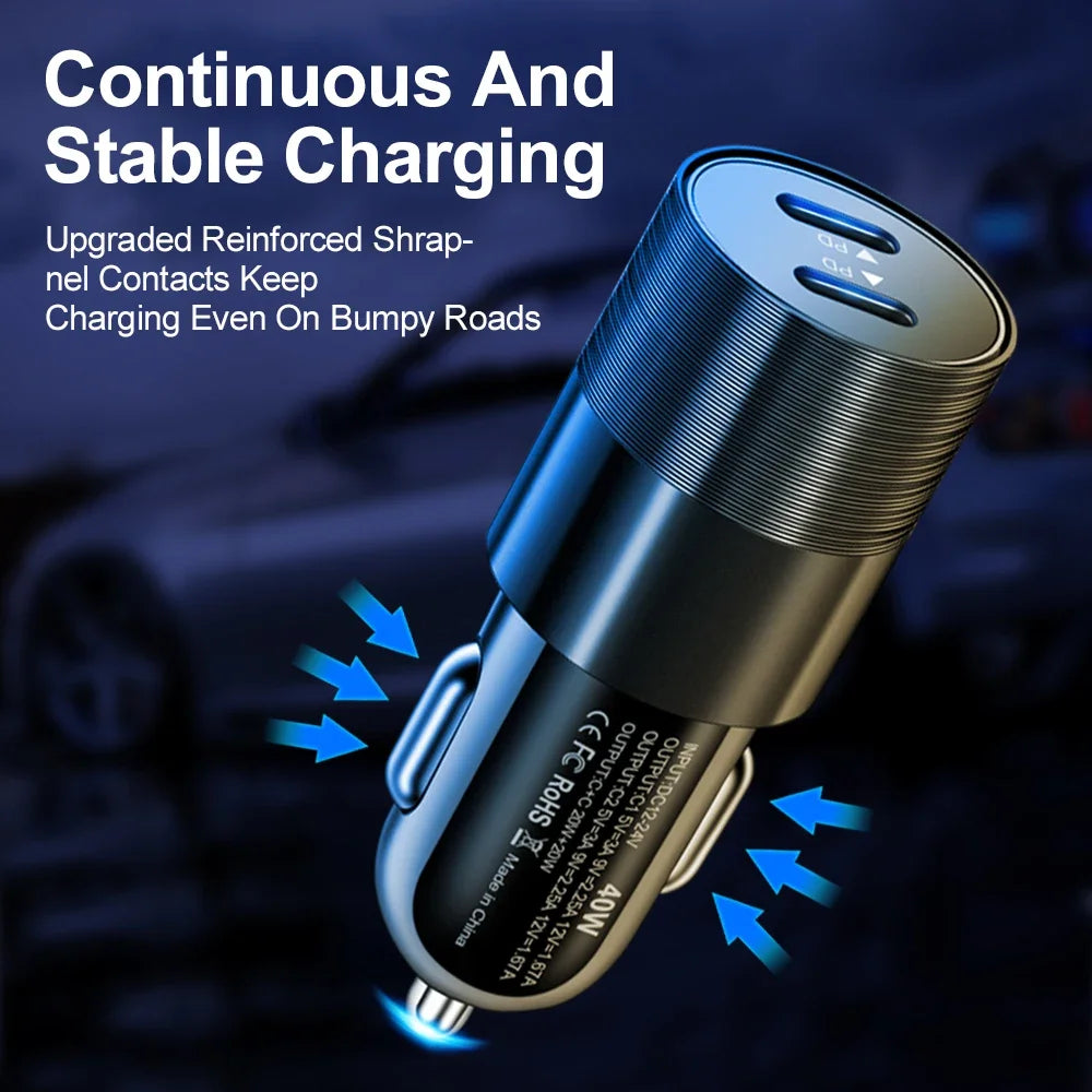 40W Dual PD USB-C Car Charger – Fast Charging for iPhone & Android