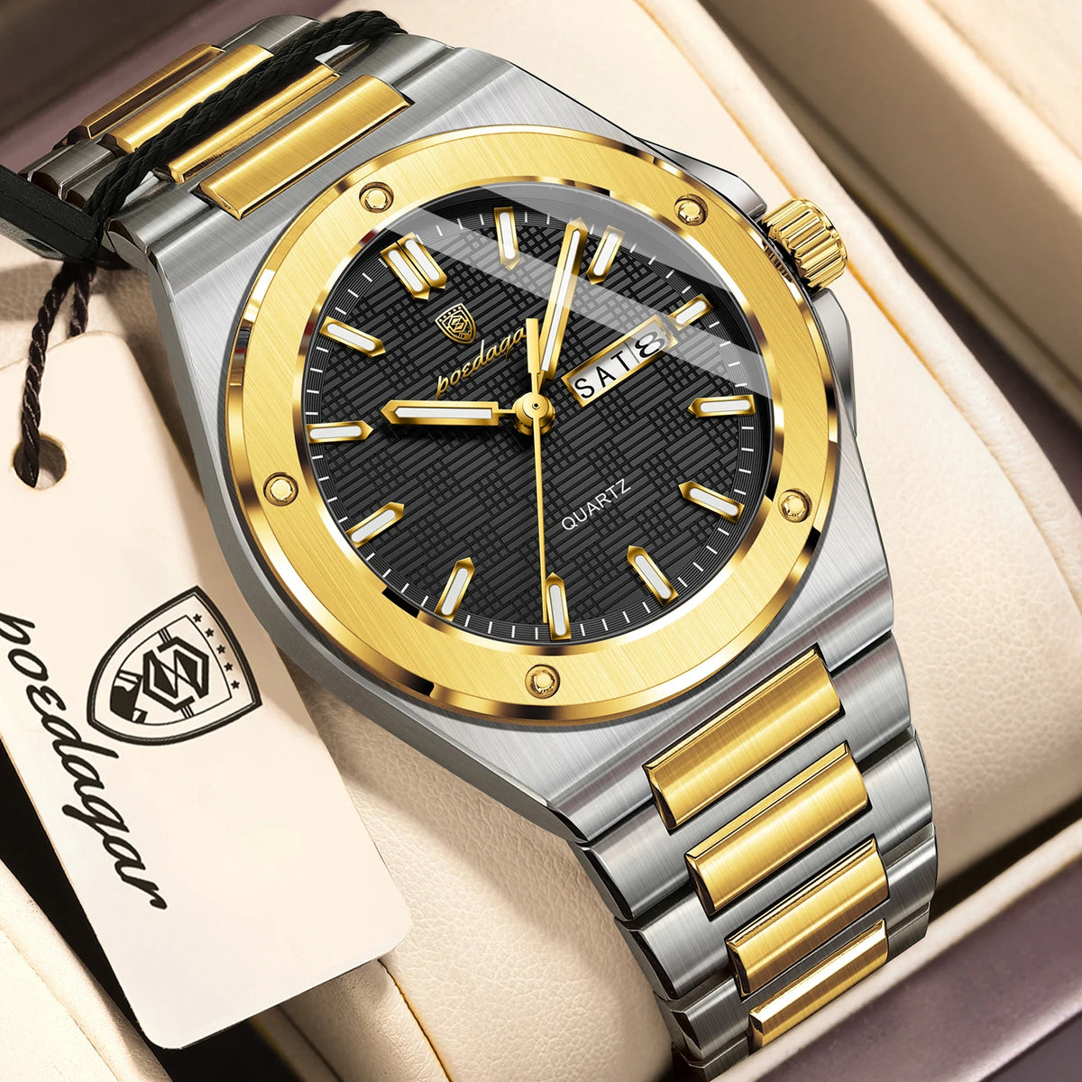 POEDAGAR Men's Classic Quartz Watch – Date Week Luminous Stainless Steel