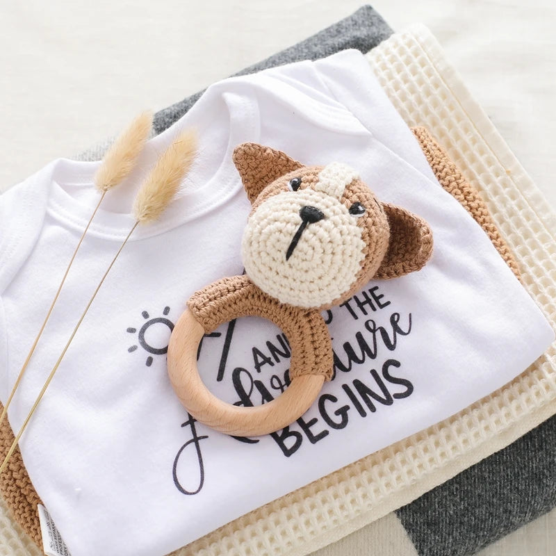 Wooden Teether Rattle - Soothing Music Ring with Rabbit Design for Babies - Pretty & Polished