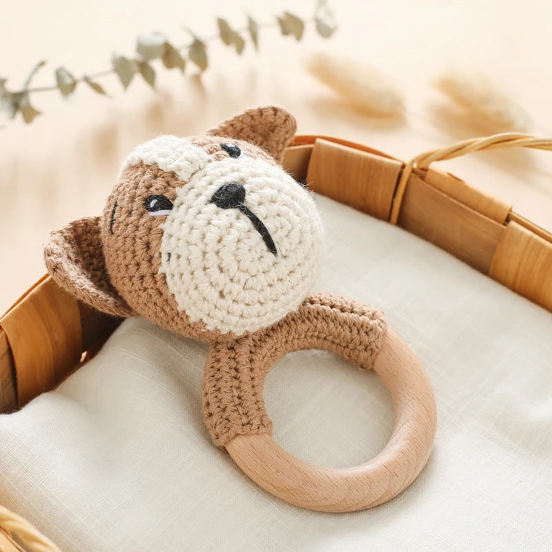 Wooden Teether Rattle - Soothing Music Ring with Rabbit Design for Babies - Pretty & Polished