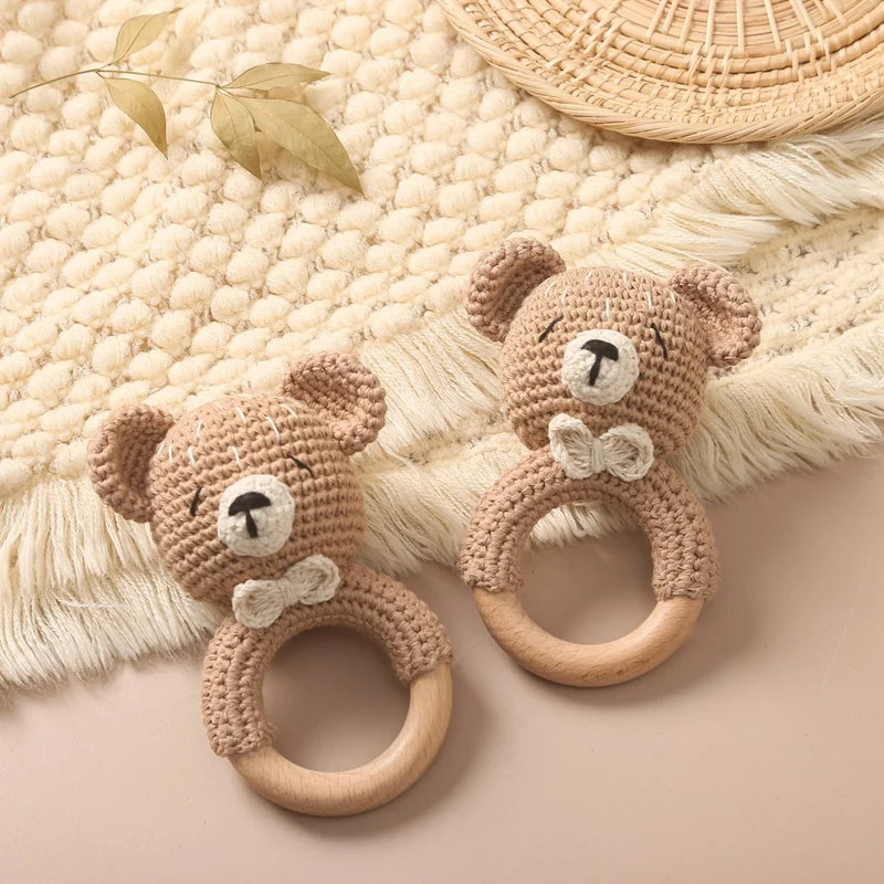 Wooden Teether Rattle - Soothing Music Ring with Rabbit Design for Babies - Pretty & Polished