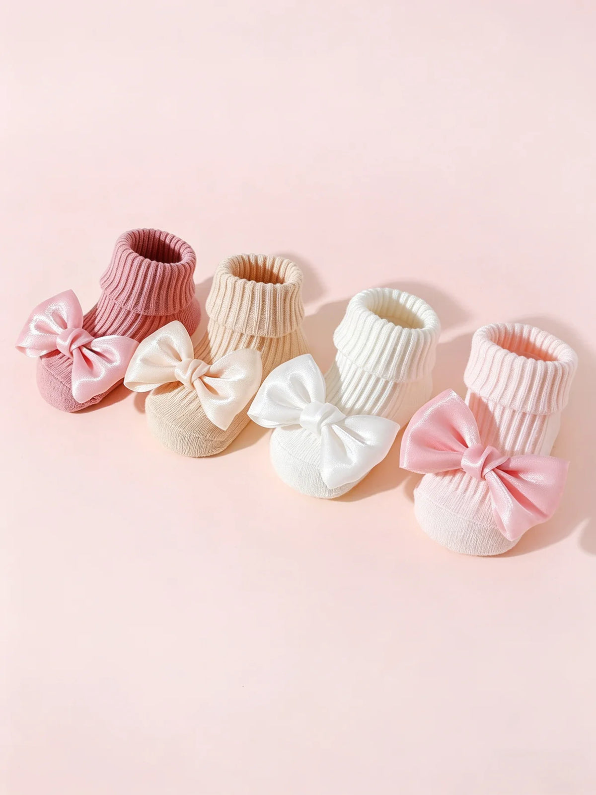 Soft Cotton Baby Girls' Socks with Bow – 4 Cozy Pairs for Tiny Feet