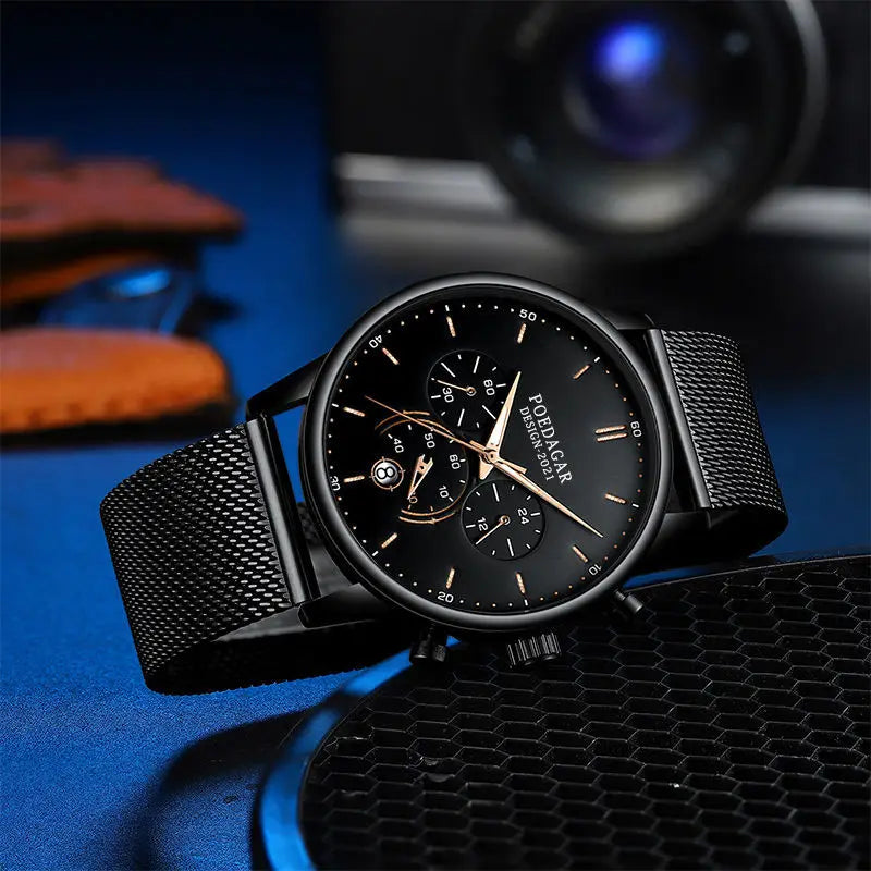 POEDAGAR Men's Slim Chronograph Quartz Watch – Mesh Strap
