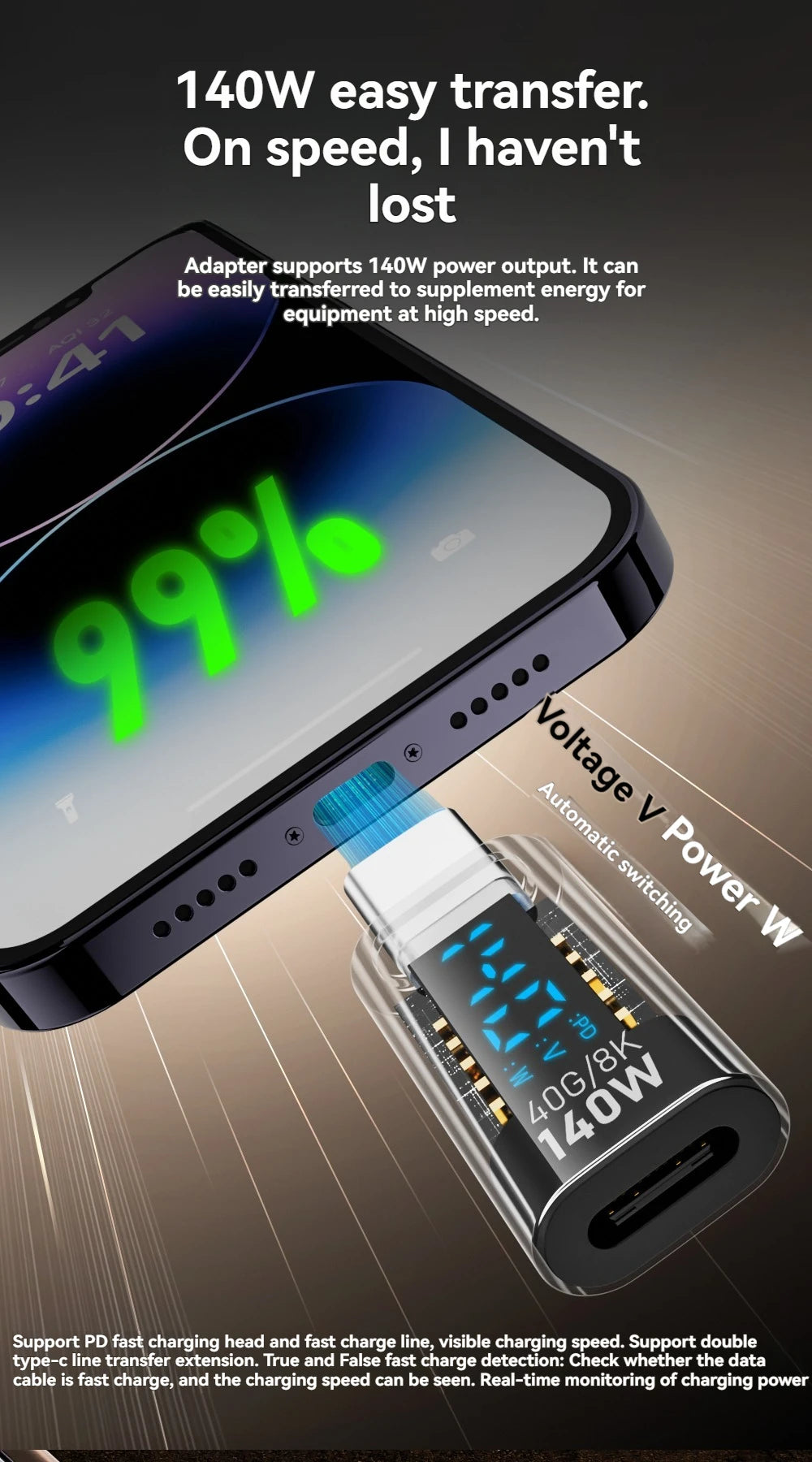 NNBILI USB-C Power Meter Tester – PD 140W LED Display, USB4.0 40Gbps for iPhone & MacBook