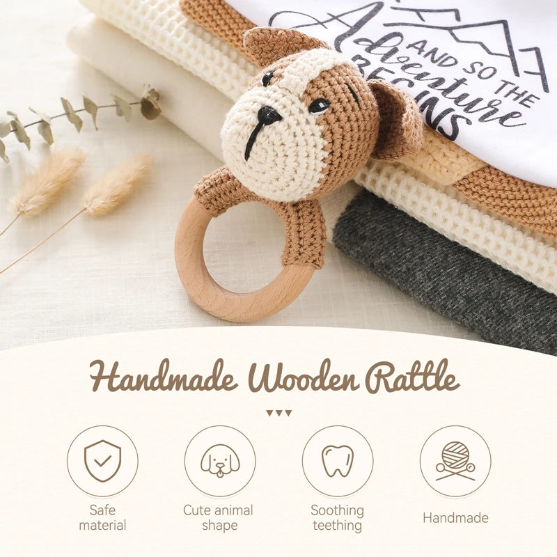 Wooden Teether Rattle - Soothing Music Ring with Rabbit Design for Babies - Pretty & Polished