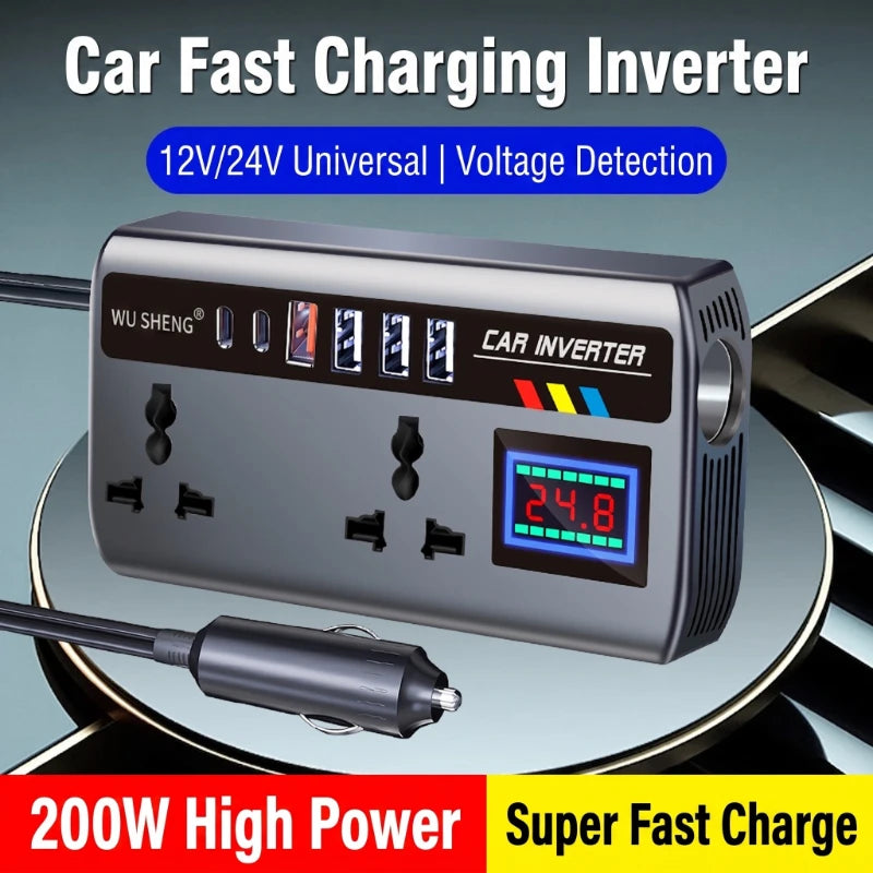 Portable Car Power Inverter – 12V to 110V / 24V to 220V with 4 USB Ports