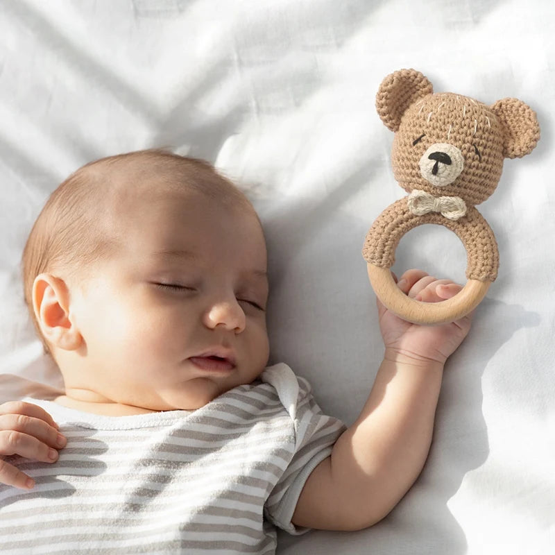 Wooden Teether Rattle - Soothing Music Ring with Rabbit Design for Babies - Pretty & Polished