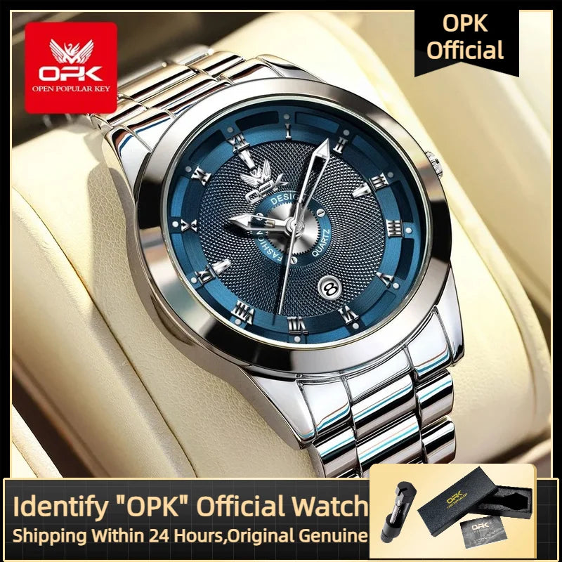 OPK Men's Roman Scale Quartz Watch – Stainless Steel Luminous Calendar