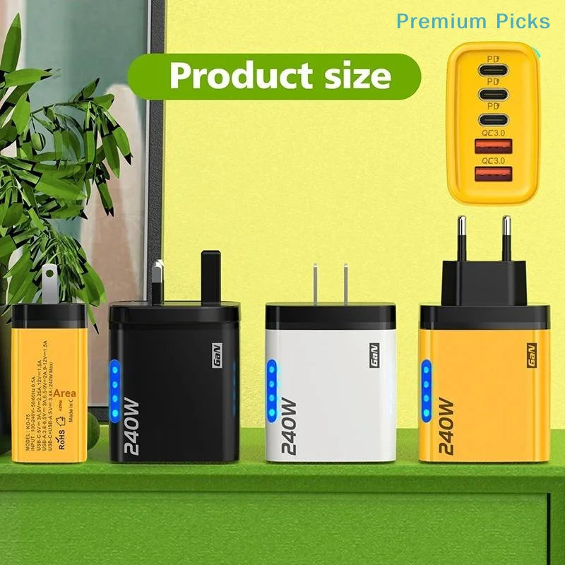 240W 5-Port GaN Charger – PD & QC3.0 USB-C Fast Charging for Travel & Office