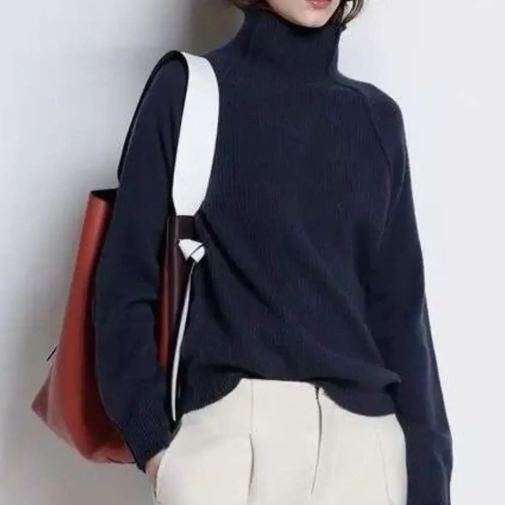 Women's 100% Wool Camel Sweater – High Collar Loose Knit Pullover