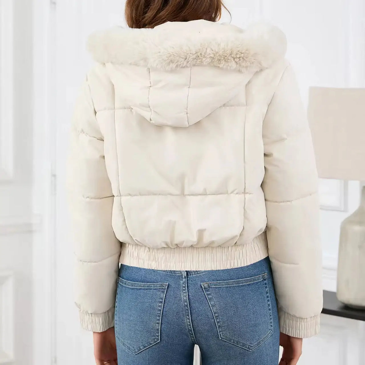 New Winter Warm Hooded Down Cotton Jacket Women Thickened Fleece Lining Big Fur Collar Long Sleeve Short Parkas Jacket Coat