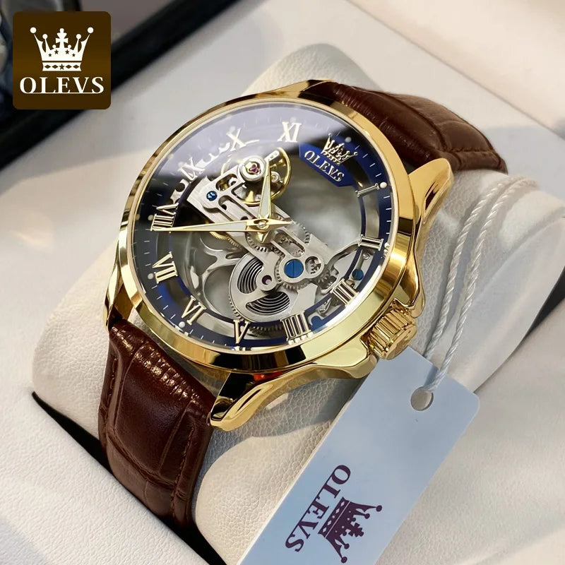 OLEVS Men's Automatic Mechanical Watch – Leather Strap Gift Box