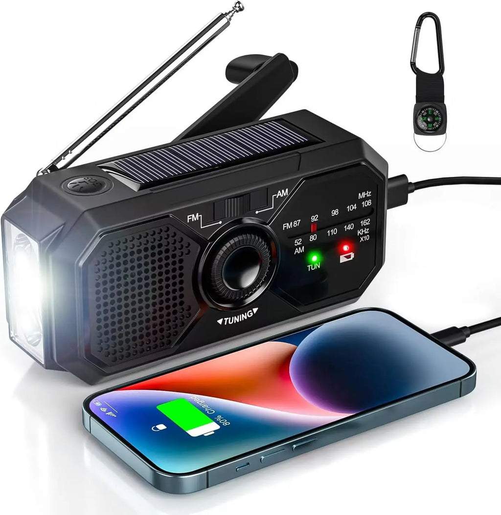 Portable Solar Emergency Radio – Hand Crank AM/FM, USB Charger & Flashlight