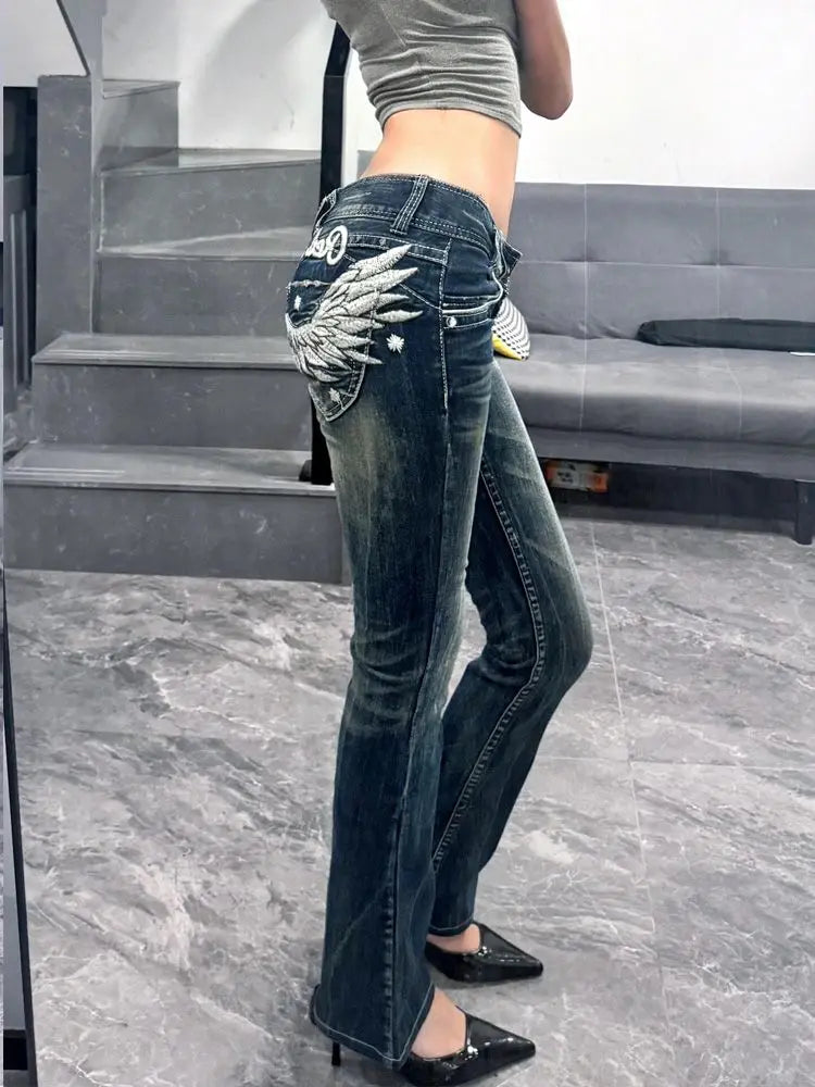 Women's Wing Embroidery Flare Jeans – Low Rise Vintage Denim Trousers