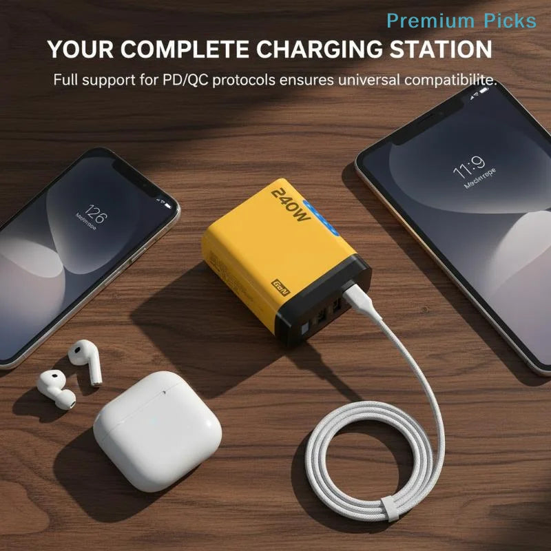 240W 5-Port GaN Charger – PD & QC3.0 USB-C Fast Charging for Travel & Office