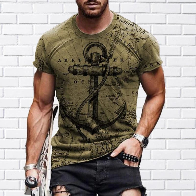 Fashion Vintage Anchor Graphic T-shirt For Men O-neck Short Sleeve T Shirts Retro Street Sports Fitness Breathable Tee Top Pop