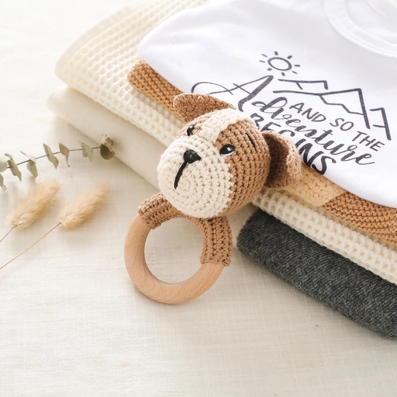Wooden Teether Rattle - Soothing Music Ring with Rabbit Design for Babies - Pretty & Polished