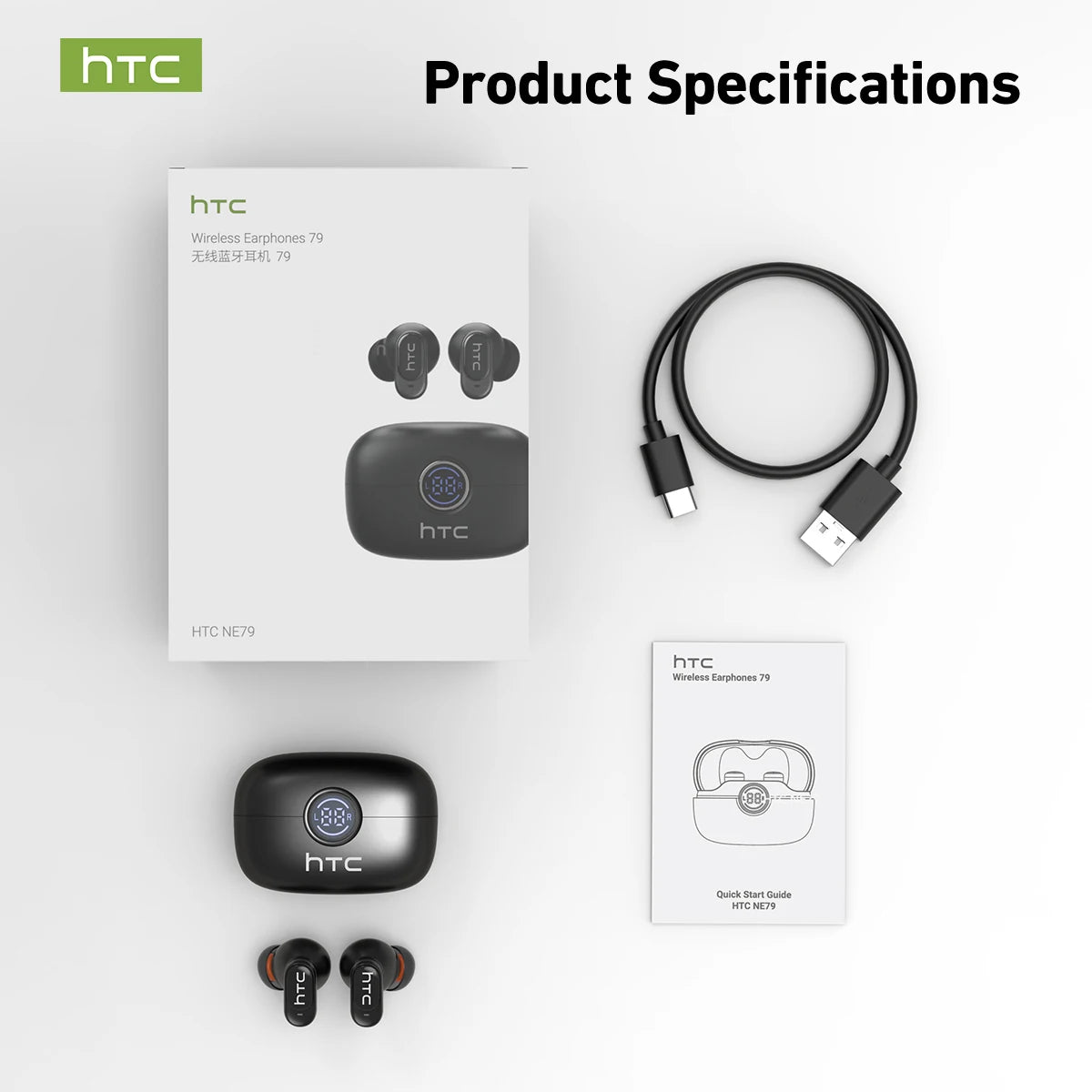 HTC NE79 TWS Bluetooth 6.0 Earbuds – AI Translation, ENC Noise Cancelling & HiFi Stereo