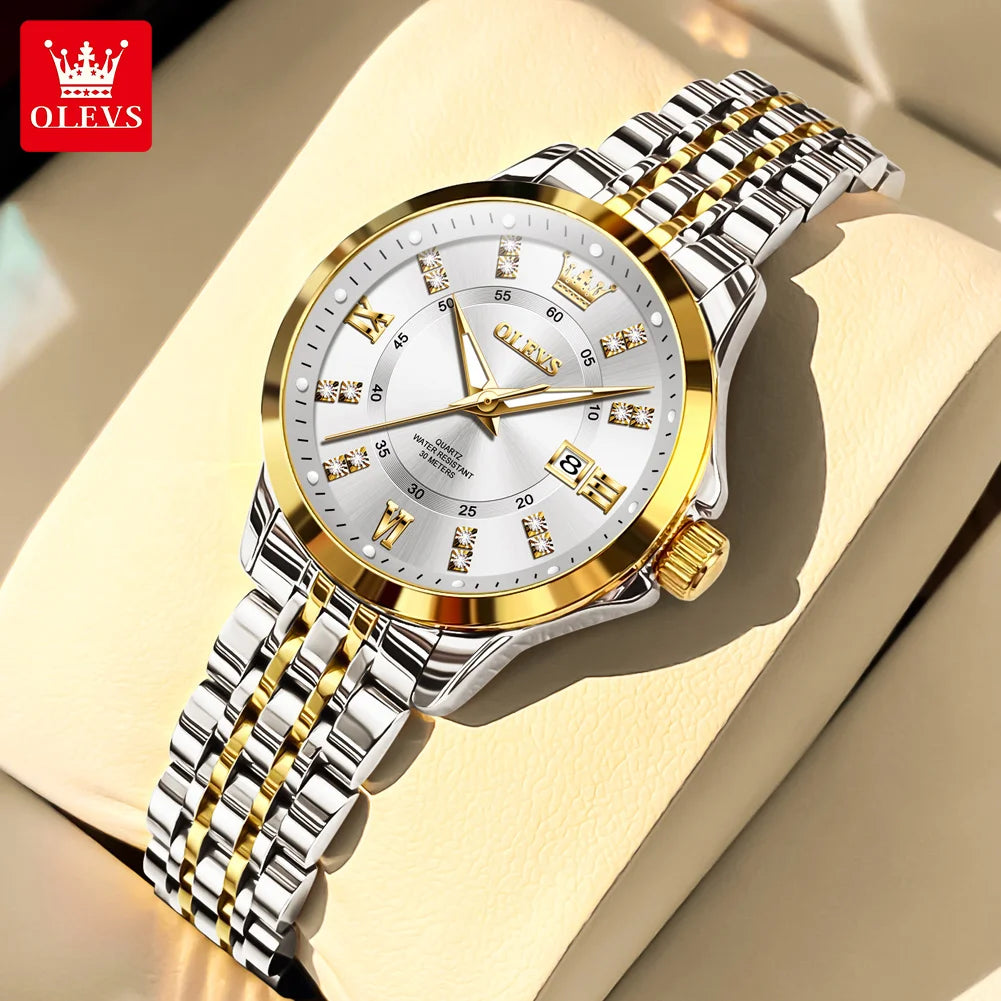 OLEVS Women's Diamond Quartz Watch & Bracelet Set – Calendar Display