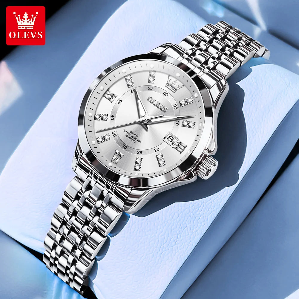 OLEVS Women's Diamond Quartz Watch & Bracelet Set – Calendar Display