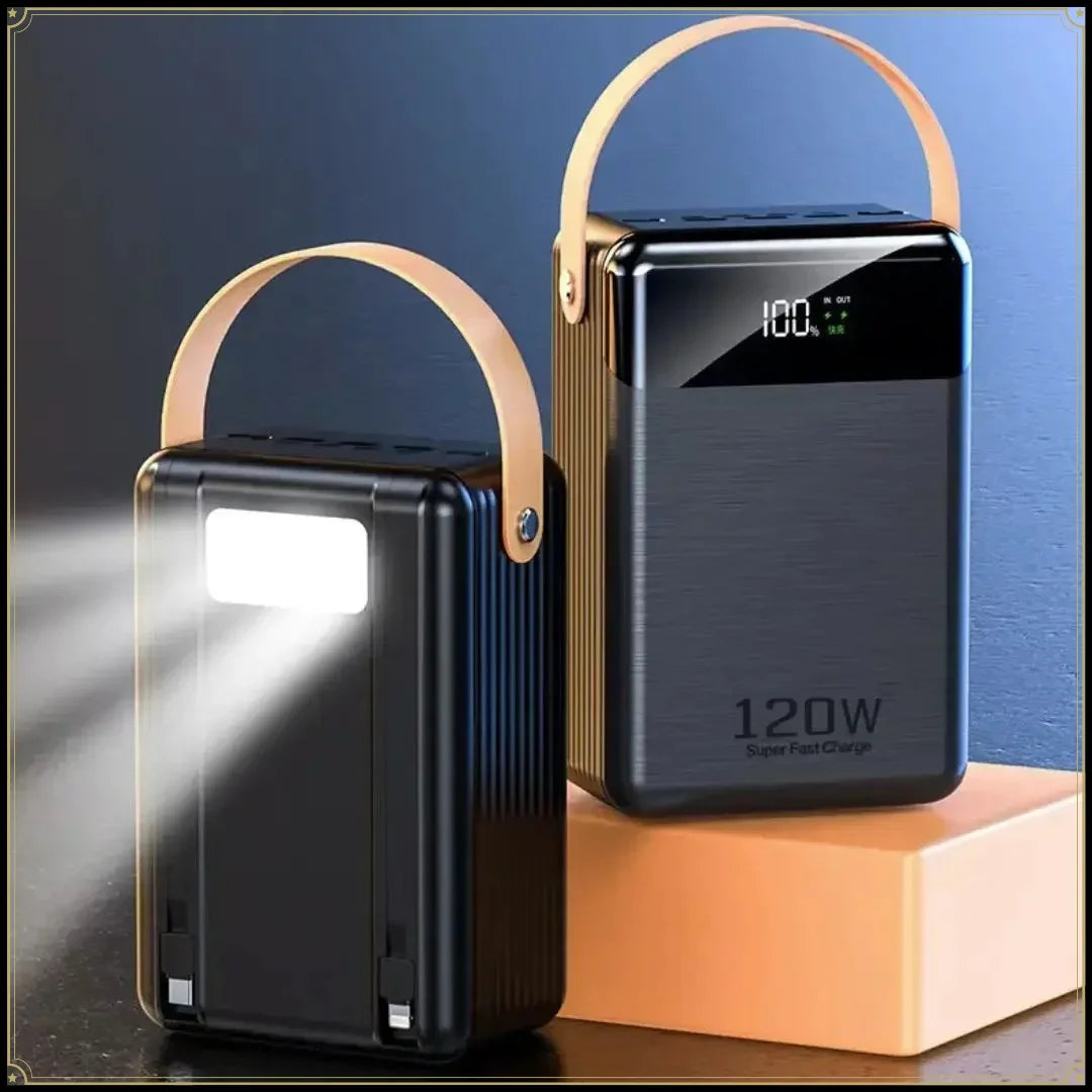 Portable Power Bank with Built-In Dual Cables – 60000mAh–120000mAh 120W