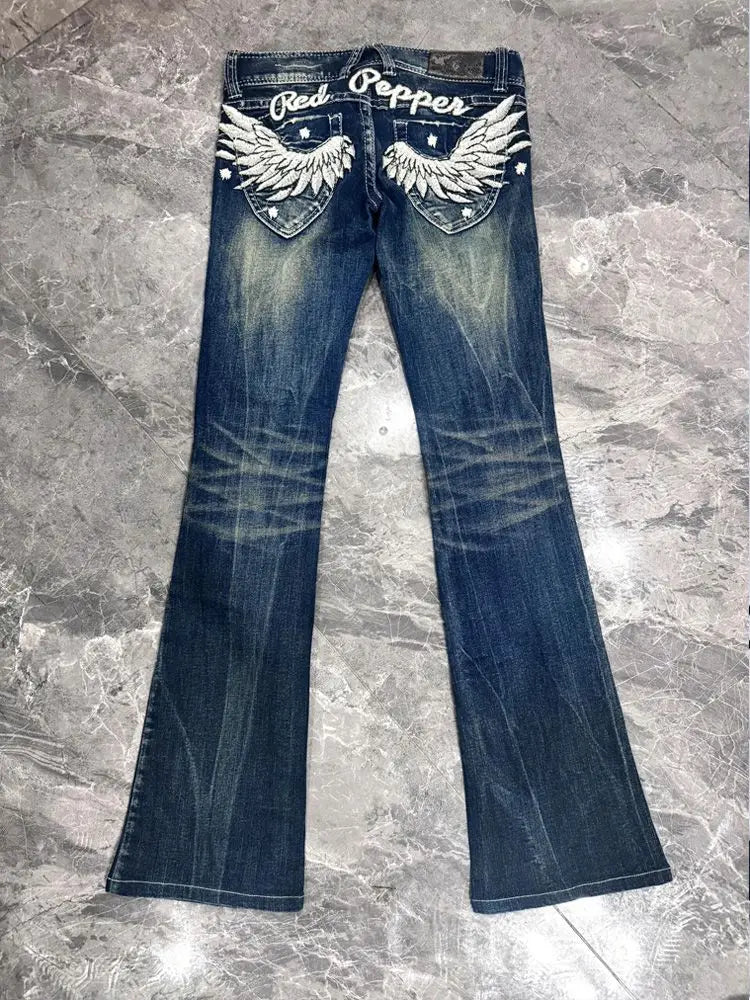 Women's Wing Embroidery Flare Jeans – Low Rise Vintage Denim Trousers