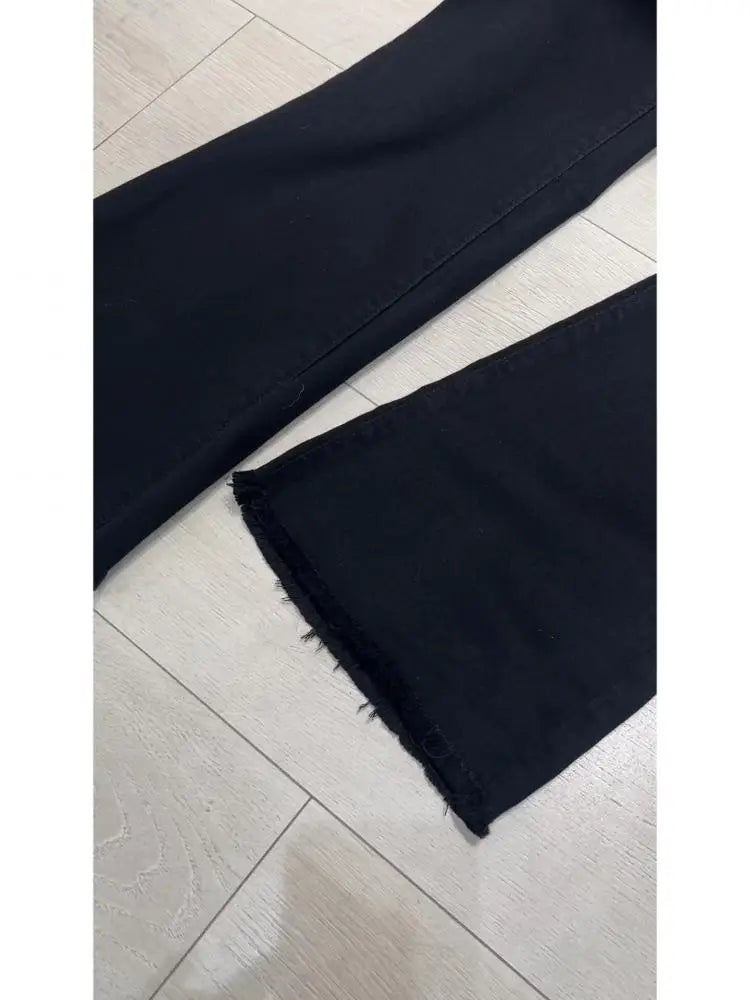 FINEWORDS High Waist Stretch Black Jeans Women Causal Retro Loose Korean Bell Bottom Jeans Streetwear Slim Denim Pants