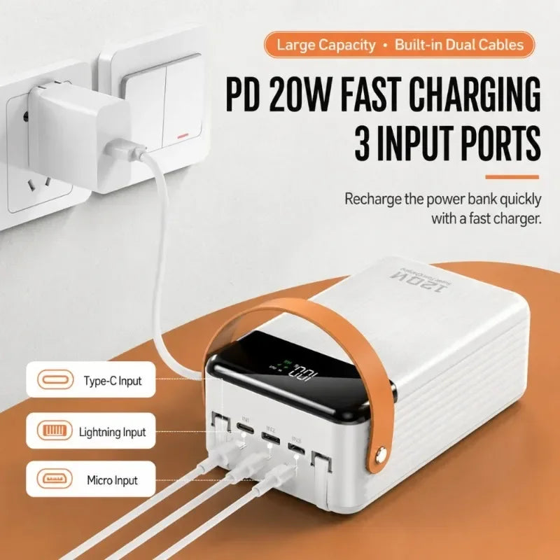 Portable Power Bank with Built-In Dual Cables – 60000mAh–120000mAh 120W