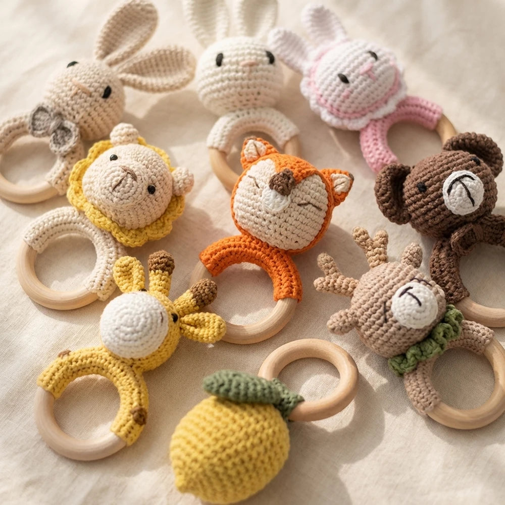 Wooden Teether Rattle - Soothing Music Ring with Rabbit Design for Babies - Pretty & Polished