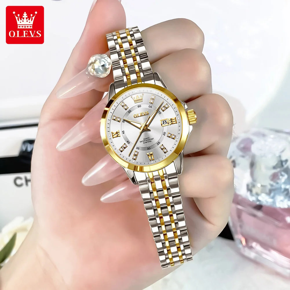 OLEVS Women's Diamond Quartz Watch & Bracelet Set – Calendar Display
