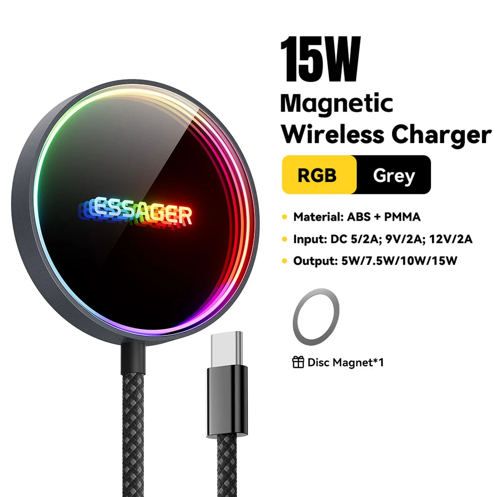 ESSAGER 15W Magnetic Wireless Charger Pad – Qi2 Fast Charging for iPhone 14–17