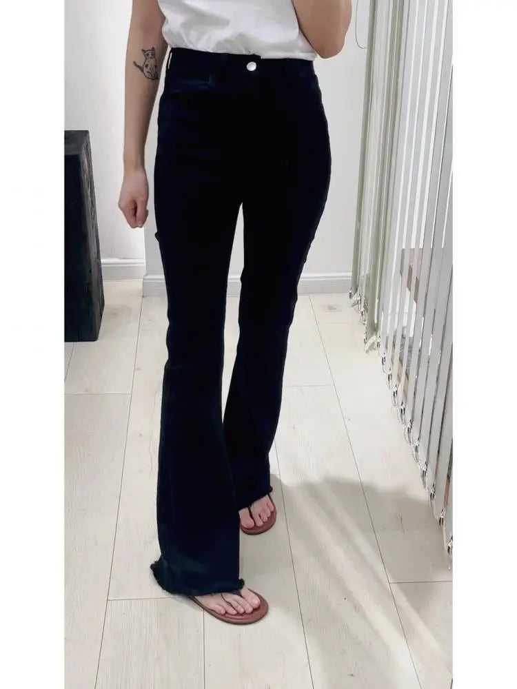 FINEWORDS High Waist Stretch Black Jeans Women Causal Retro Loose Korean Bell Bottom Jeans Streetwear Slim Denim Pants