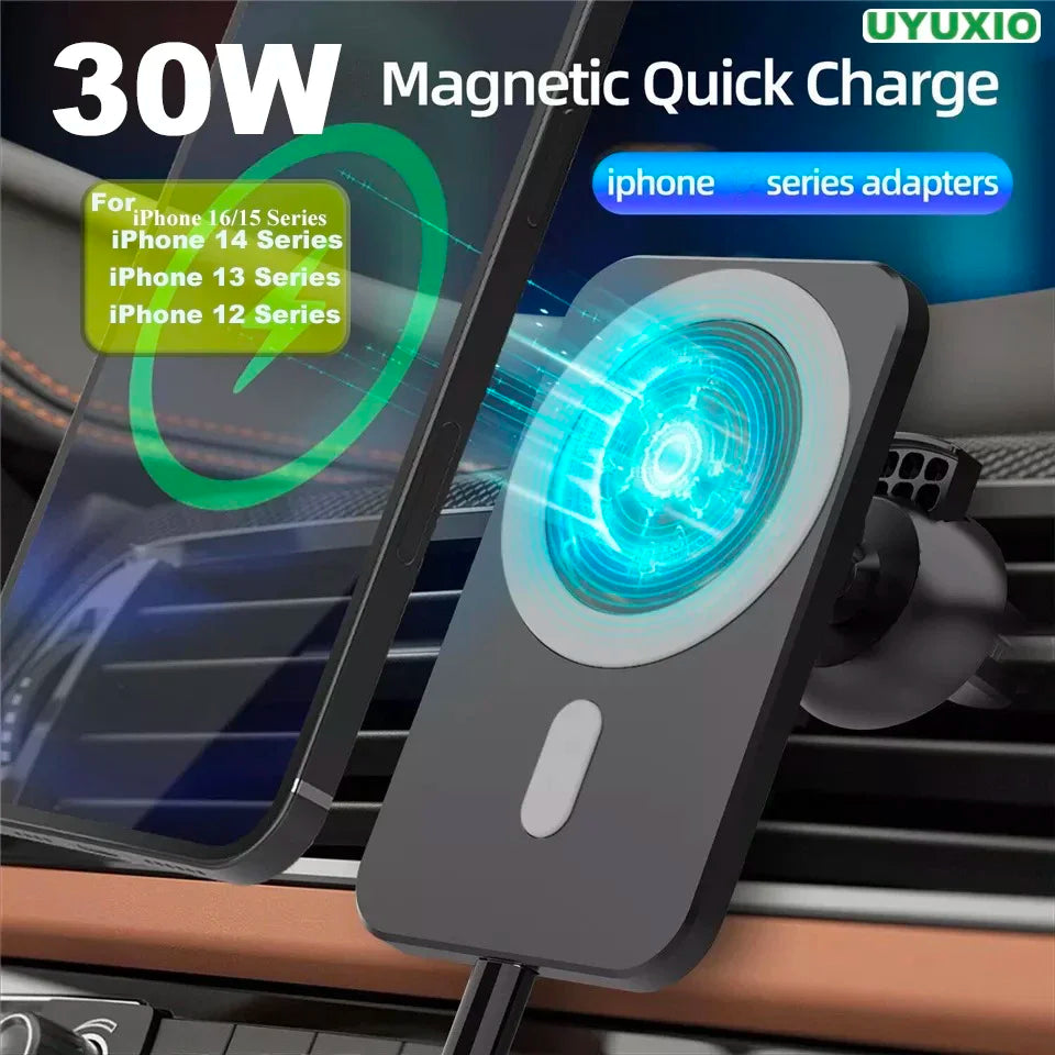 UYUXIO 30W Magnetic Wireless Car Charger – Phone Holder for iPhone 12–16 Pro Max