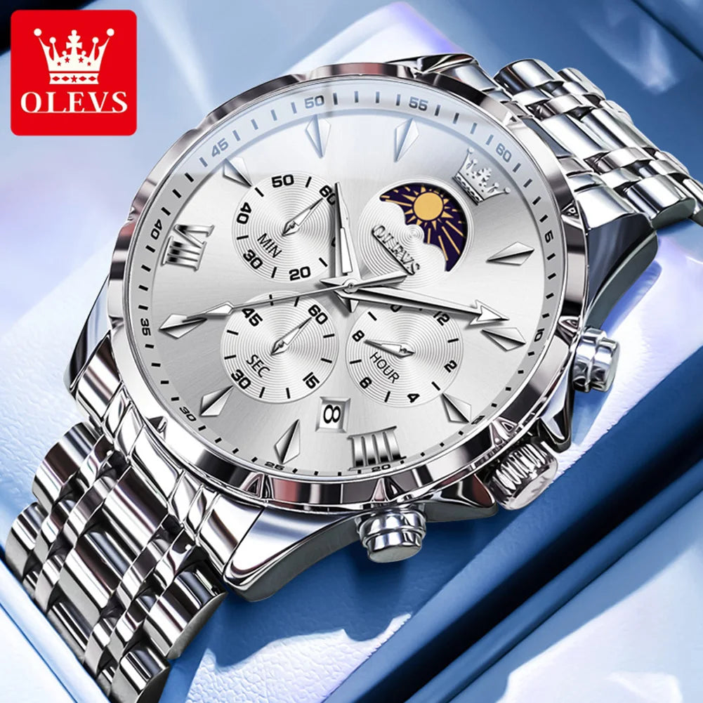 OLEVS Men's Moon Phase Quartz Watch – Luminous 24-Hour Display