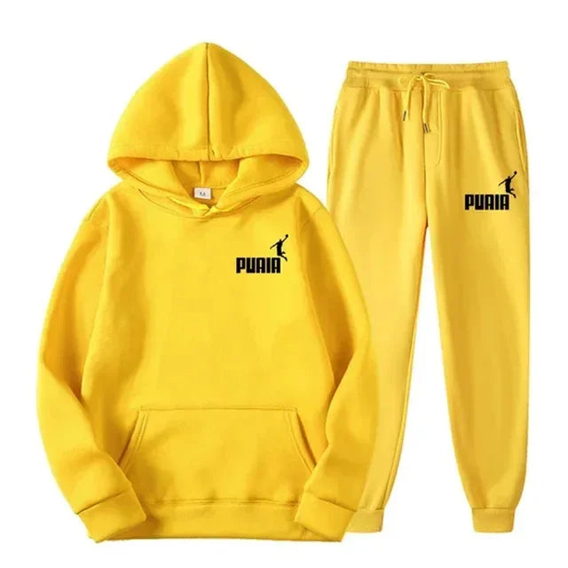 Autumn and winter new men's sportswear set, outdoor cycling windproof and warm men's hooded sweatshirt + pants 2-piece set