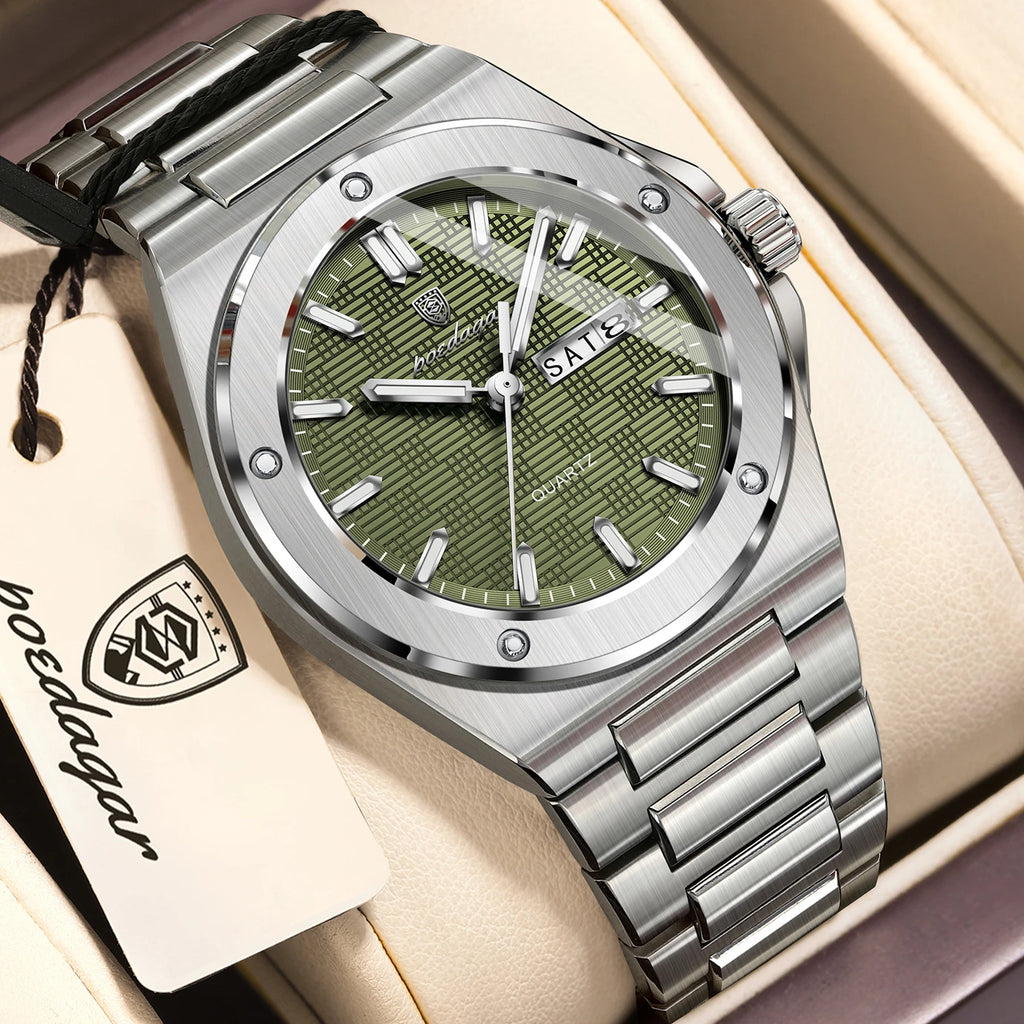 POEDAGAR Men's Classic Quartz Watch – Date Week Luminous Stainless Steel