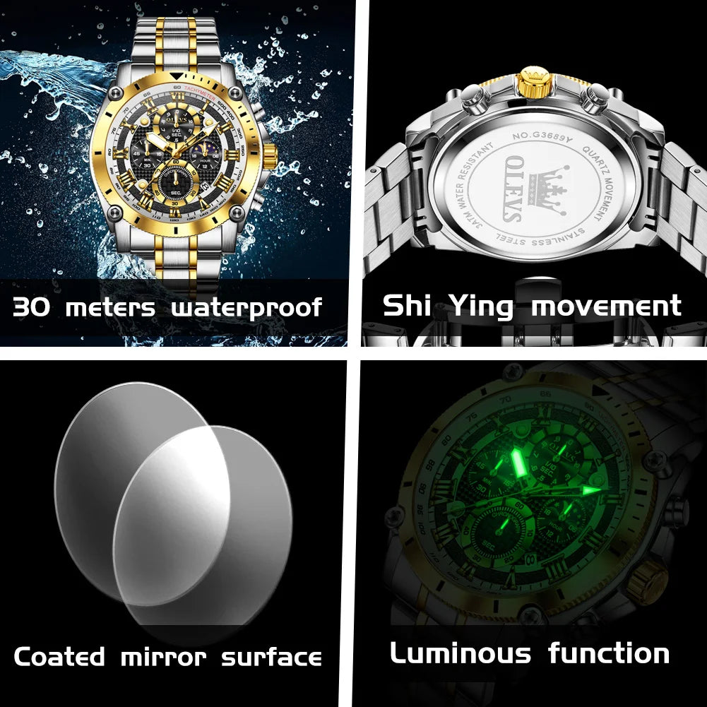 OLEVS Men's Multifunctional Sports Quartz Watch – Moon Phase & Luminous