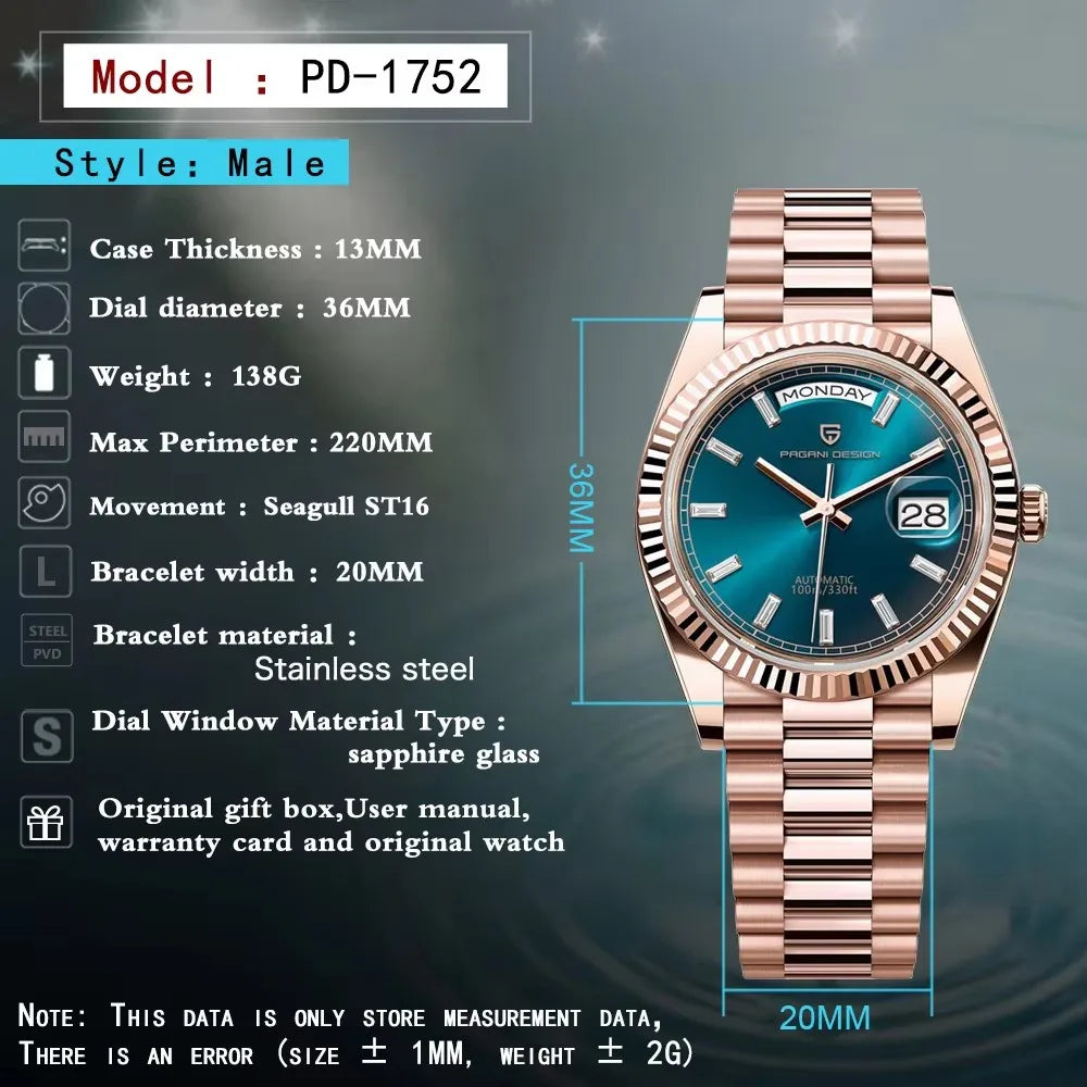 PAGANI DESIGN Men's Rose Gold Automatic Mechanical Watch