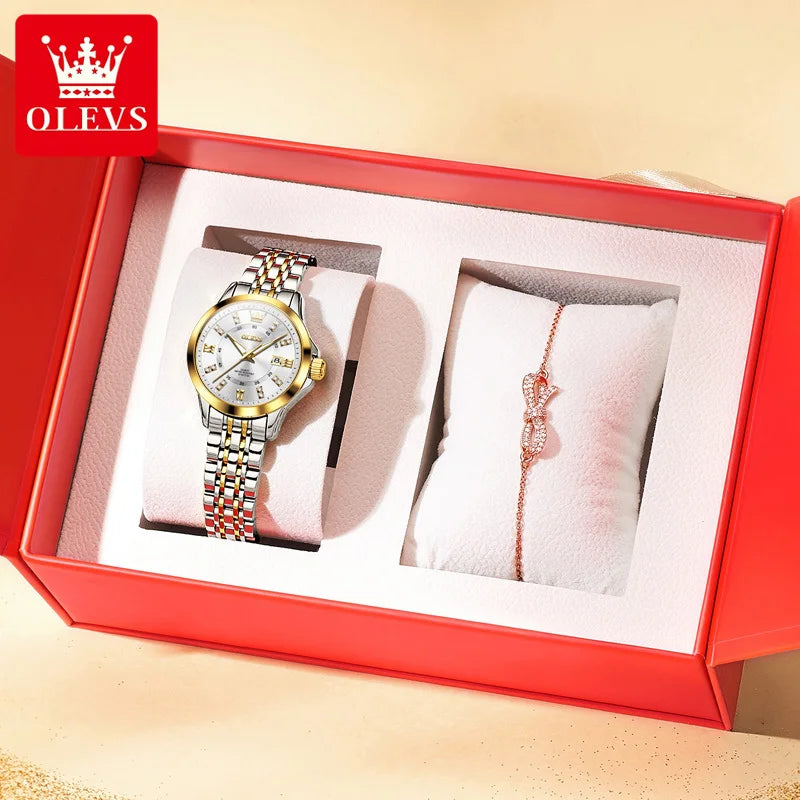OLEVS Women's Diamond Quartz Watch & Bracelet Set – Calendar Display