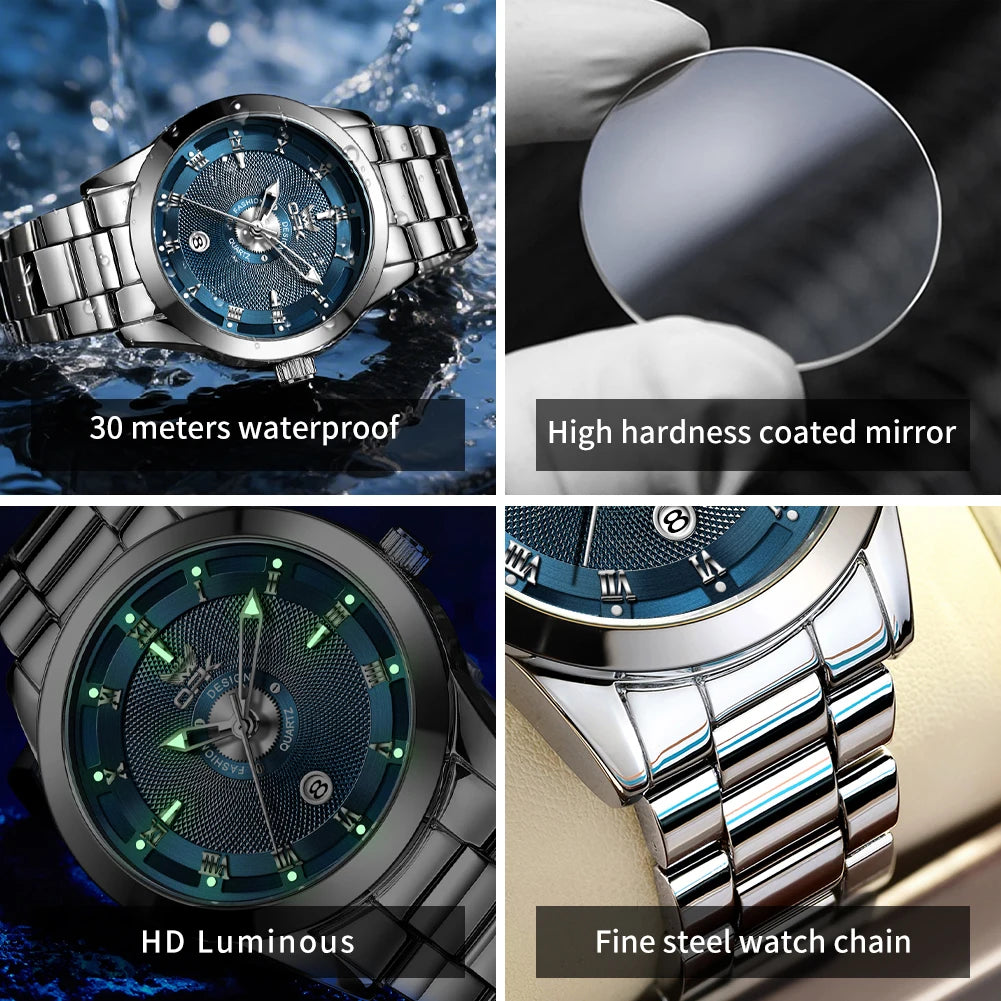 OPK Men's Roman Scale Quartz Watch – Stainless Steel Luminous Calendar