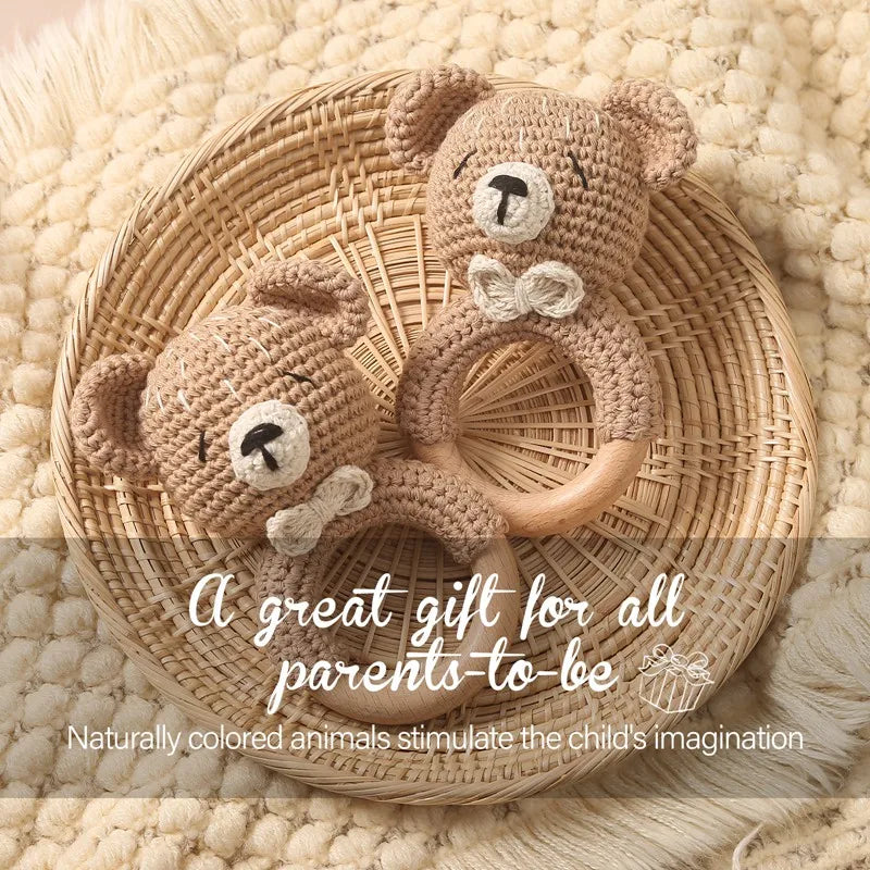 Wooden Teether Rattle - Soothing Music Ring with Rabbit Design for Babies - Pretty & Polished